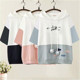 左航同款衣服短袖宽松上衣连帽假两件韩版学生朱志鑫张极上衣少女