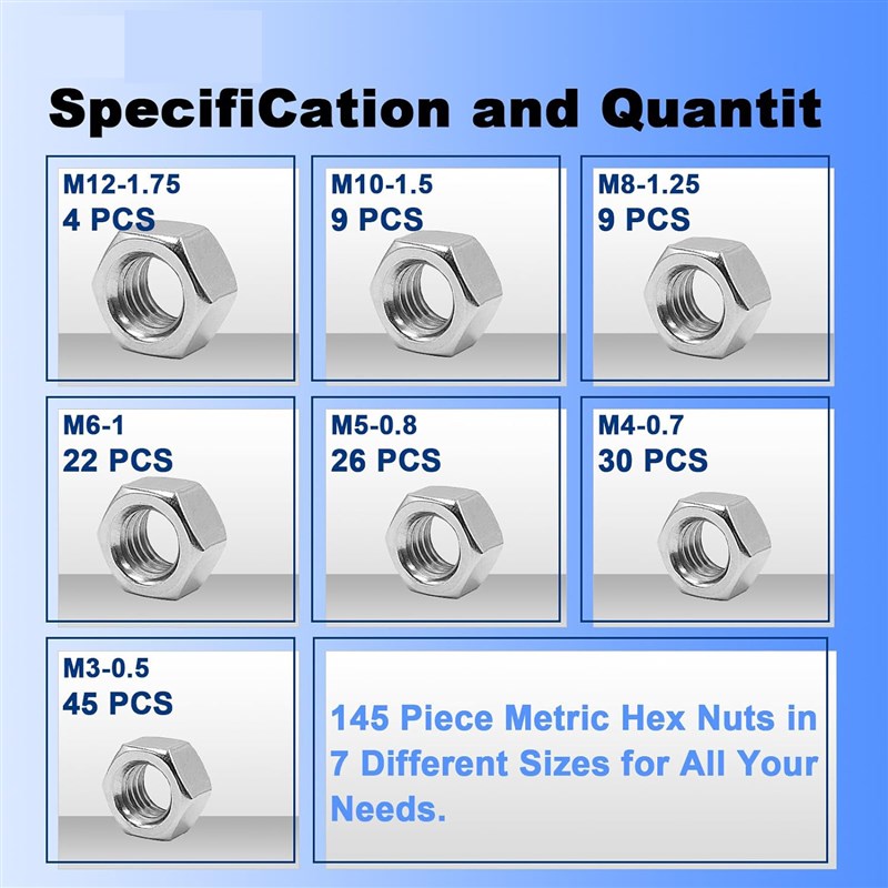145PCS 盒装 304不锈z钢 六角螺母/外六角锁紧螺丝帽套件