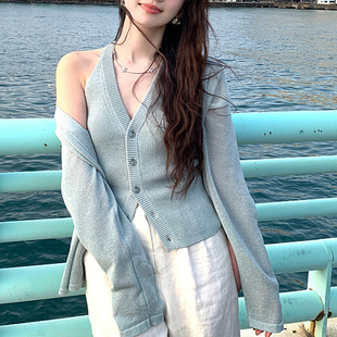 诗文同款莱赛尔天丝亚麻自由领落肩袖开衫/V领背心女修身针织衫夏