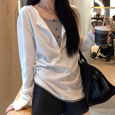 假两件撞色微宽松慵懒休闲T恤女