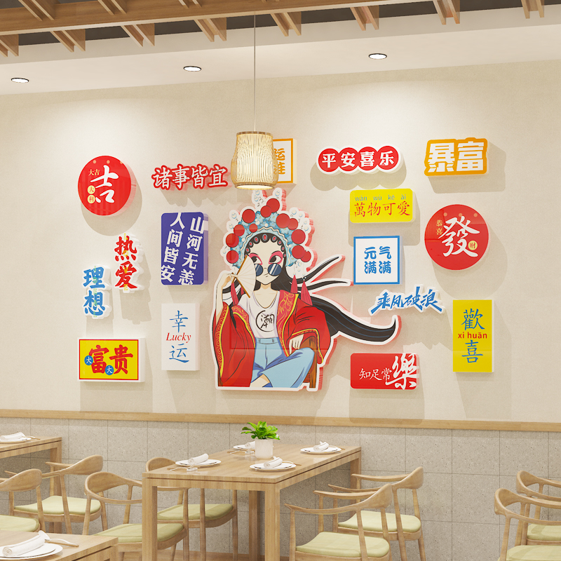 網(wǎng)紅打卡背景墻拍照墻區(qū)布置燒烤店火鍋串串店墻面國潮裝飾貼畫3d