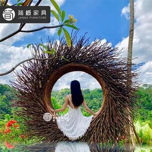 巴厘岛网红鸟巢秋千景区打卡婚纱拍摄道具创意圆形床圆形心形鸟巢