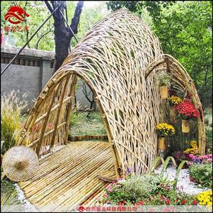 景区网红拍照打开秋千定制防腐木装 置竹艺编织雕塑模型定做美陈