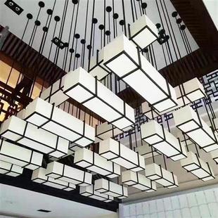 抖音直播间长方形吊灯新中式 酒店大堂中国风组合灯工程布艺组合灯