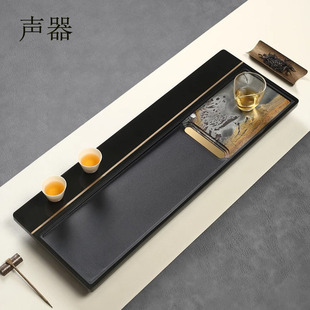 声器新中式天然轻奢国画石茶台家用客厅高档铜乌金石茶盘茶具托盘