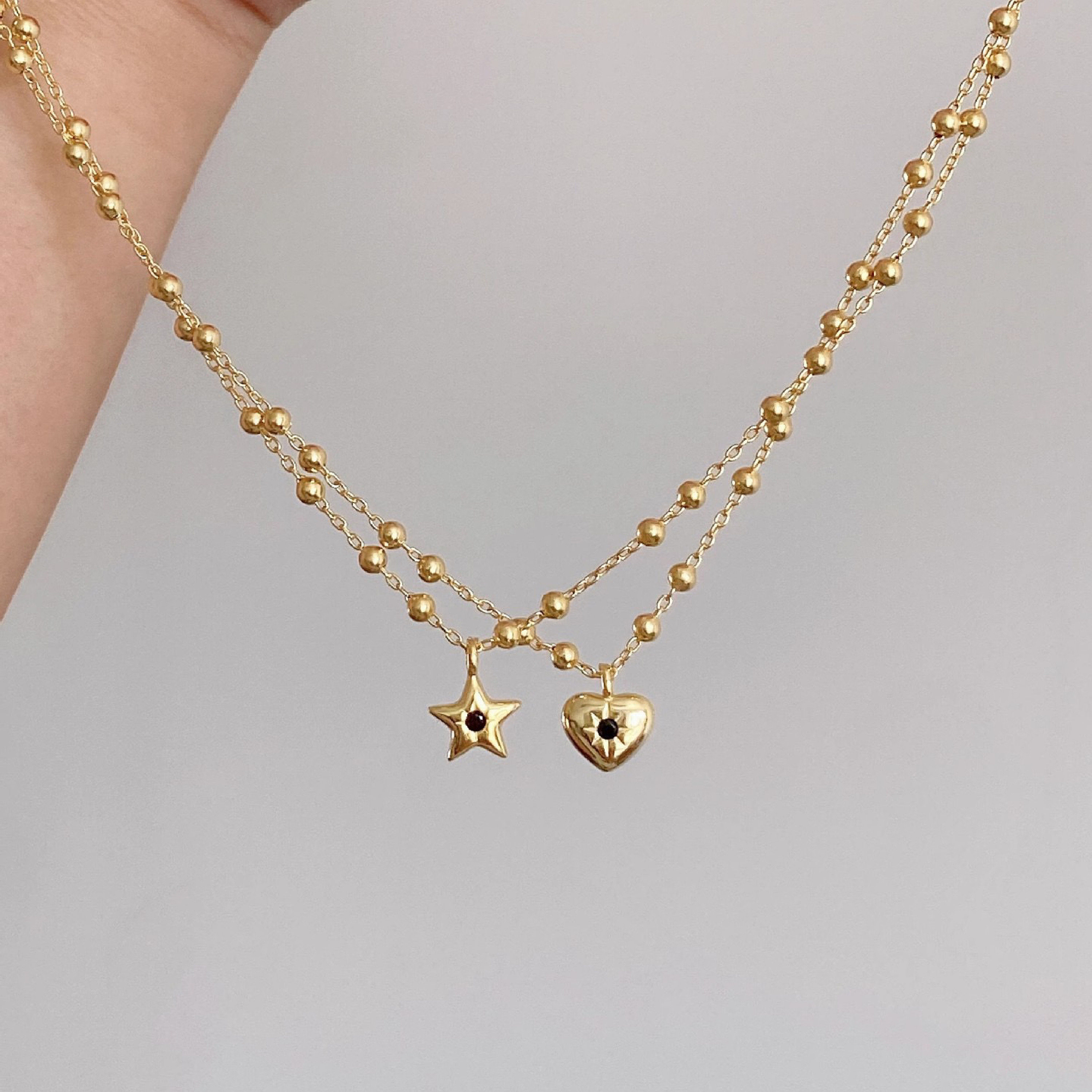s925纯银金色星星项链女ins甜酷风小众高级感简约圆珠心形锁骨链