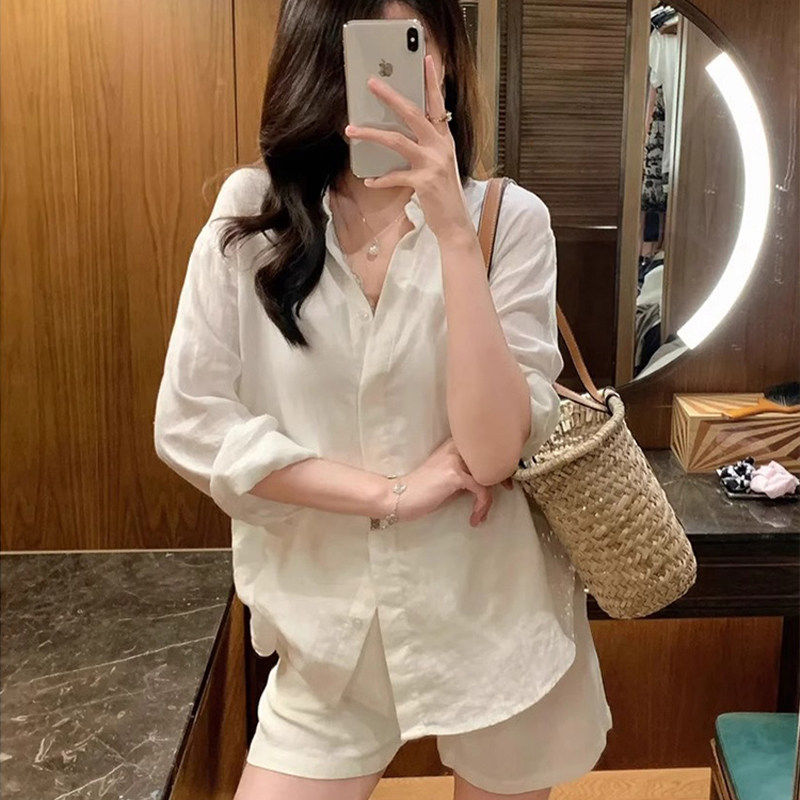 白色棉麻防晒衬衫女春秋夏季小个子宽松休闲亚麻衬衫开衫长袖上衣
