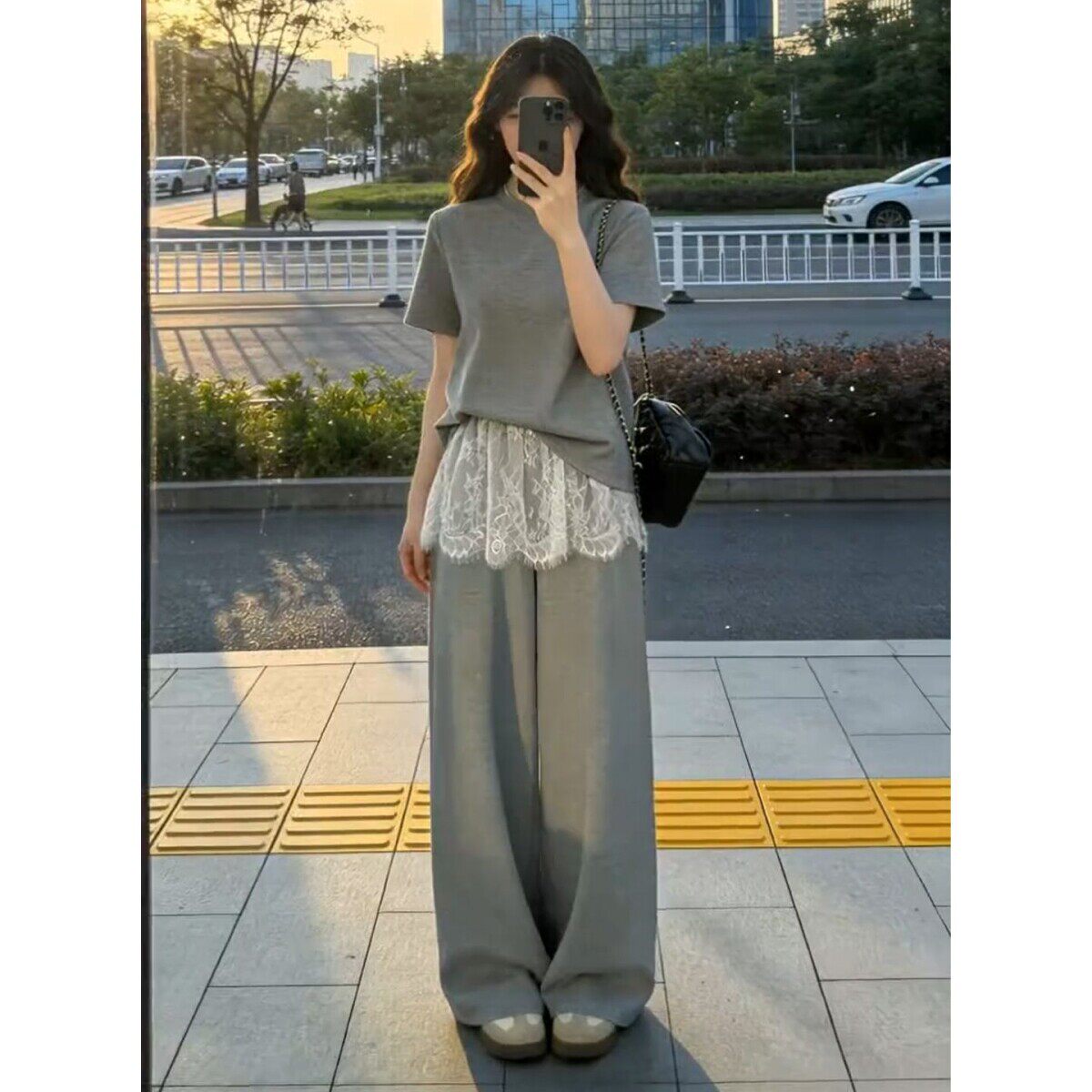 韩系巨好看穿搭一整套2026新款灰色短袖上衣女夏季阔腿裤两件套装