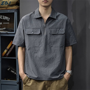 复古工装 polo衫 美式 短袖 男夏季 潮牌宽松半拉链翻领上衣痞帅体恤衫
