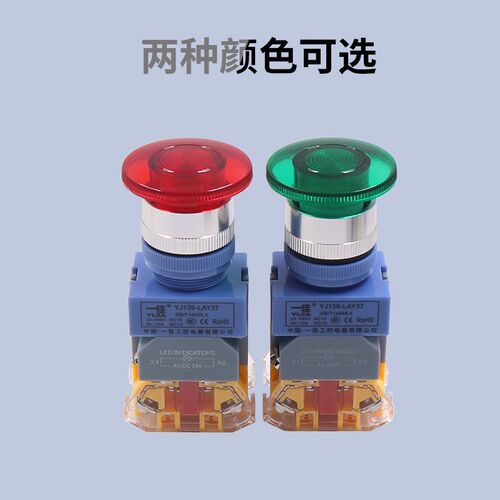 电源带灯自复位点动蘑菇头按钮开关Y090-11MD LAY37 220V 24V