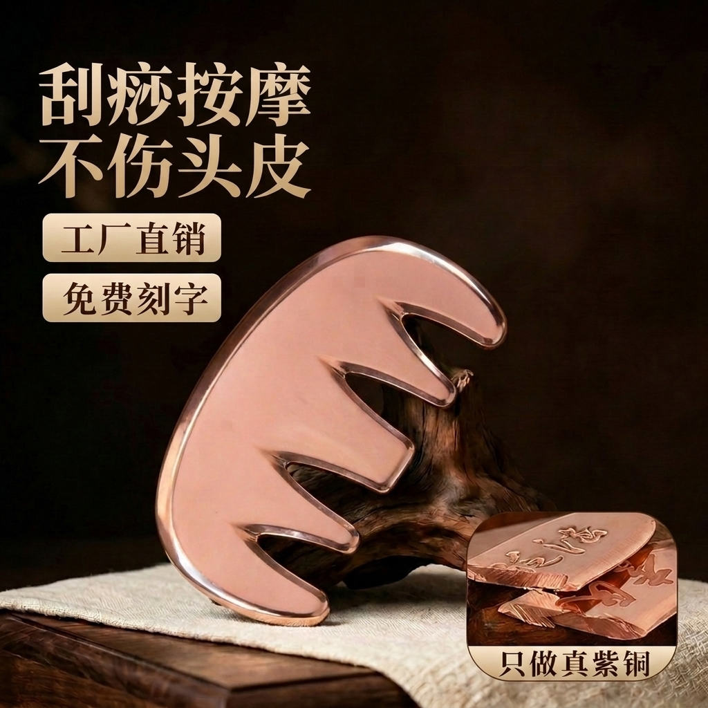 简素紫铜刮痧五齿经络梳头部
