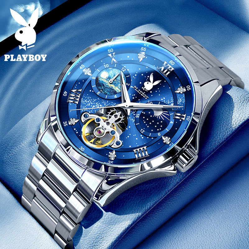 花花公子夜光新款男士手表机械表正品男款潮流防水镂空飞轮十大