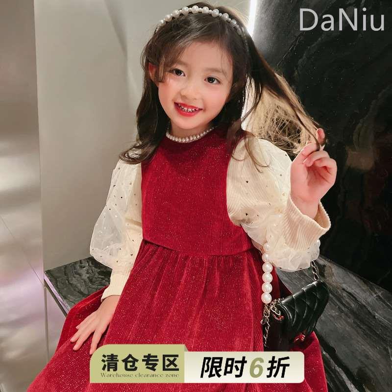 陈大猪L妈 女童红色连衣裙冬2023新年装加厚加绒网纱背心裙子洋气