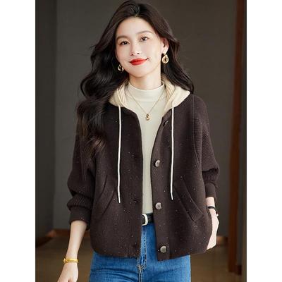 JOYIASS连帽毛衣开衫外套女秋冬季加厚宽松慵懒风带帽针织衫卫衣