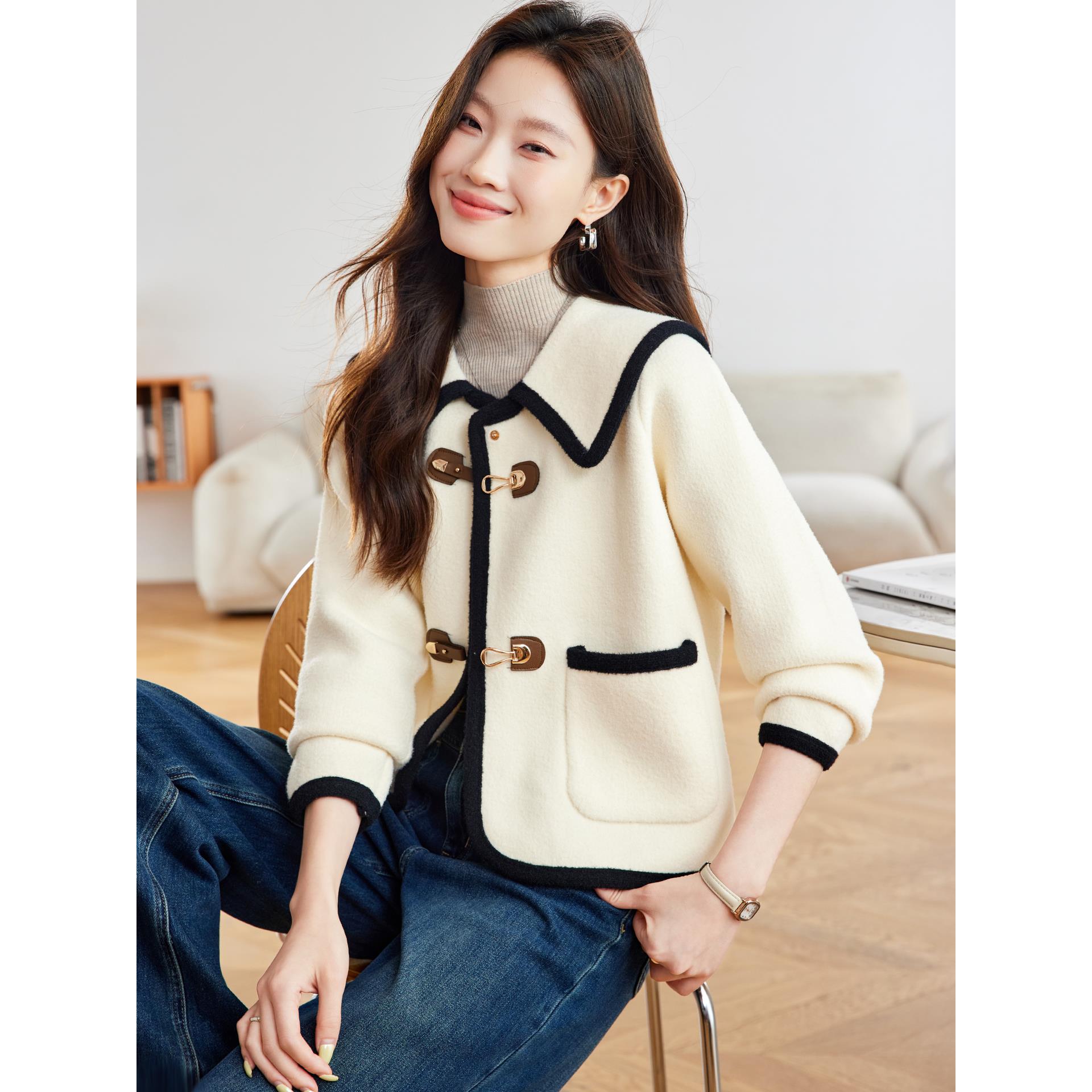 JOYIASS小香风翻领针织开衫毛衣外套女春秋小个子宽松软糯慵懒风