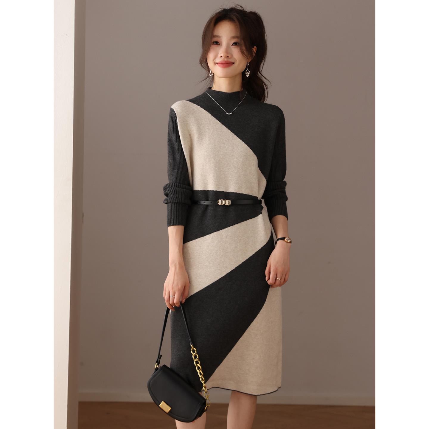 JOYIASS撞色条纹针织连衣裙秋冬配大衣中长款打底衫内搭超好看气