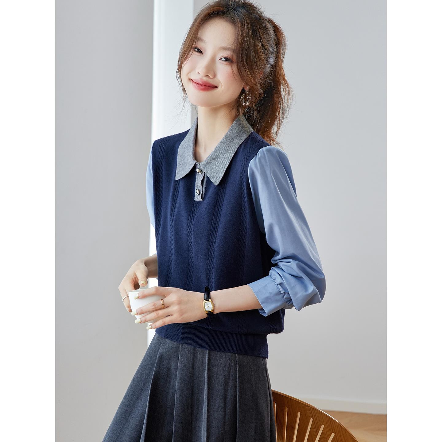 JOYIASS假两件Polo领针织打底衫女春秋高级感内搭短毛衣衬衫拼接