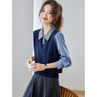 JOYIASS假两件Polo领针织打底衫女春秋高级感内搭短毛衣衬衫拼接