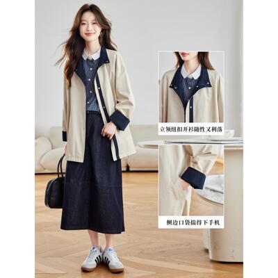 JOYIASS小香风翻领中长款外套女春秋2025新款全韩系撞色休闲夹克