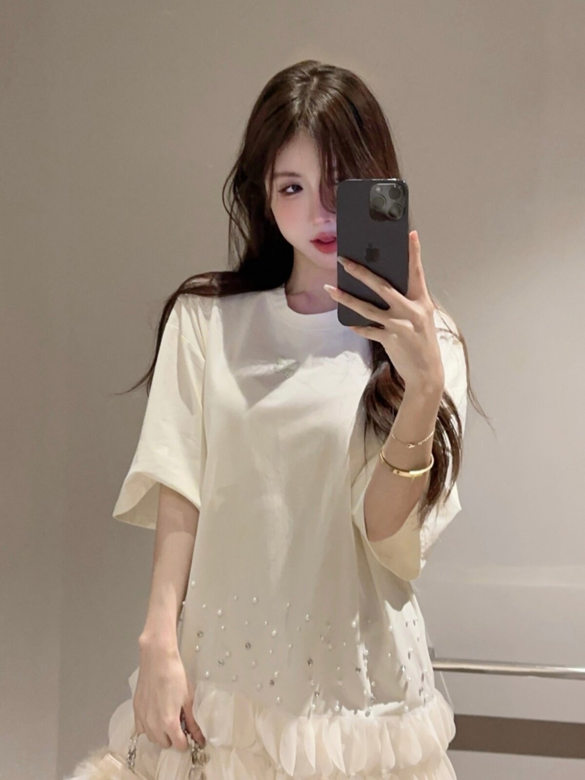 틈새 중공업 라인 석 메쉬 접합 흰색 드레스 여성 여름 세련된 반소매 느슨한 슬리밍 기질 티셔츠 드레스