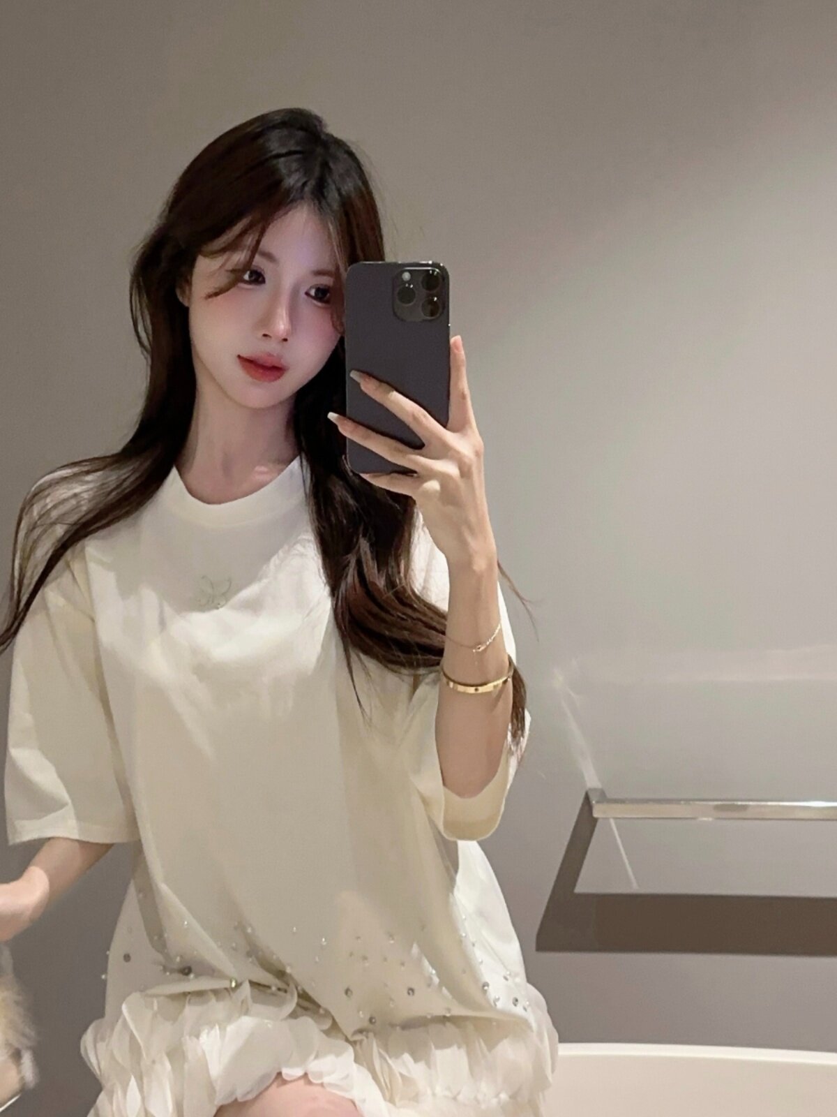 틈새 중공업 라인 석 메쉬 접합 흰색 드레스 여성 여름 세련된 반소매 느슨한 슬리밍 기질 티셔츠 드레스