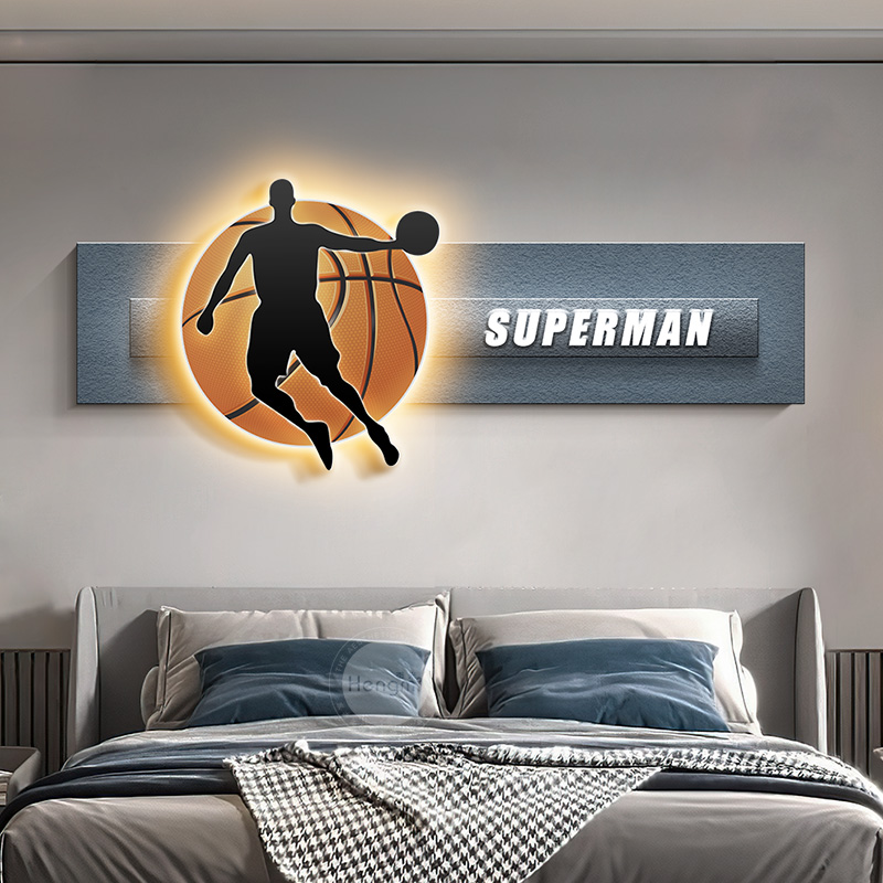NBA篮球床头装饰画男生房间卧室挂画现代轻奢儿童房led灯画壁画