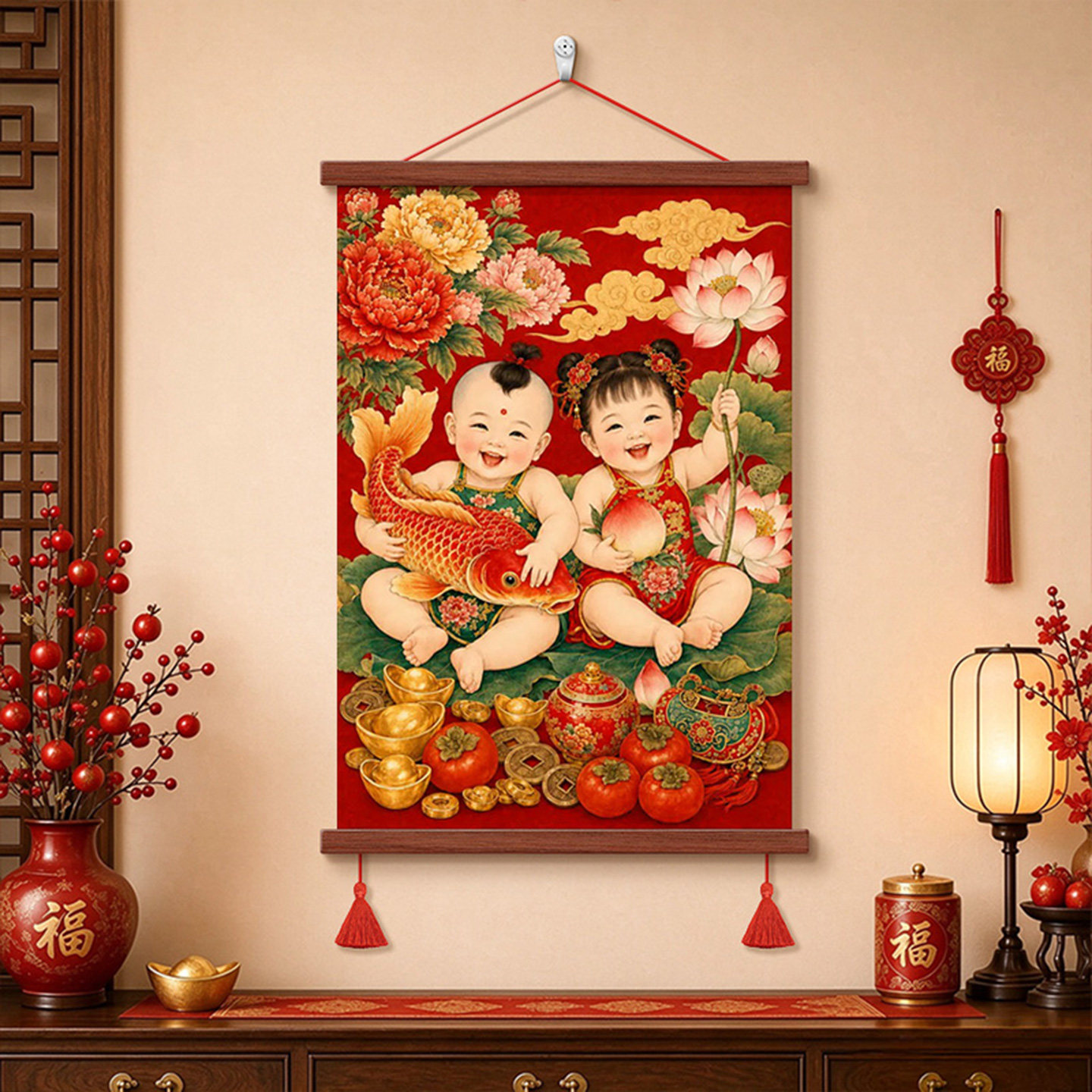 龙凤齐福客厅装饰画送子娃娃图