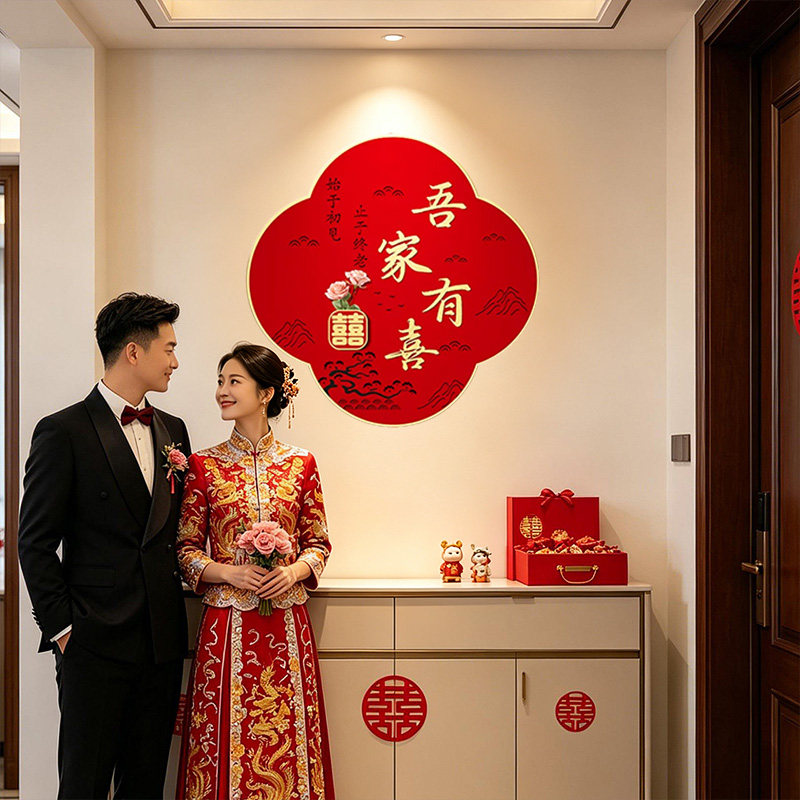 新婚场景布置装饰画订婚礼物圆形贴画喜庆壁饰寓意好自粘墙贴装饰