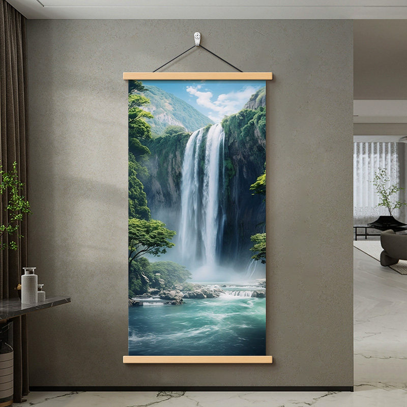 流水生财山水画进门入户玄关装饰画中式简约过道竖版高山流水挂画