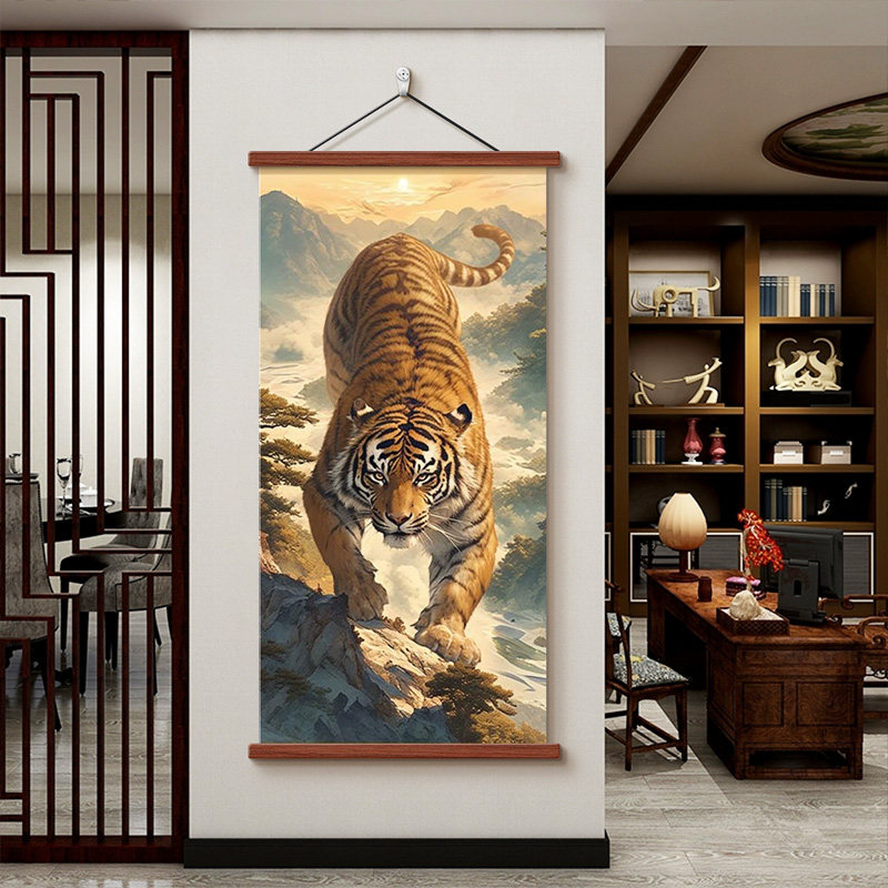 老虎国画猛虎下山玄关装饰画客厅办公室入户墙画壁画镇宅旺宅挂画,家居饰品,现代装饰画,淘宝优惠券,粉丝福利购,淘宝优惠卷