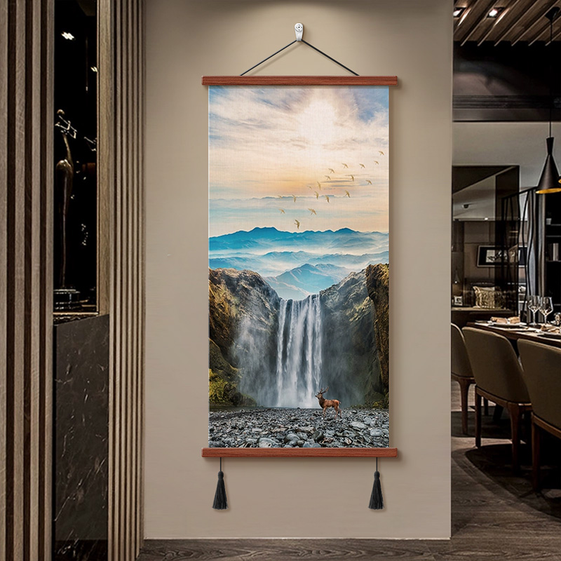 现代中式流水生财山水画背景墙装饰挂画客厅玄关布艺壁画卷轴挂布图片