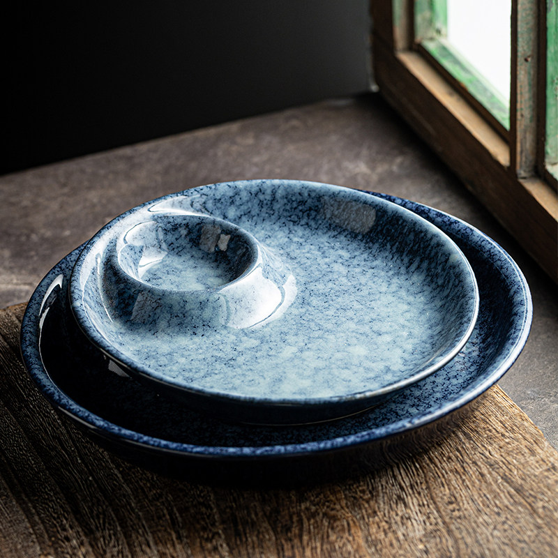 复古釉下彩圆形陶瓷盘带碟饺子盘薯条盘点心盘子卤鹅摆盘带醋碟,餐饮具,盘,淘宝优惠券,粉丝福利购,淘宝优惠卷