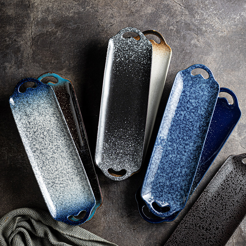 特色造型盘长条双耳盘子寿司刺身盘甜点蛋糕陶瓷盘子烤箱烤盘鱼盘