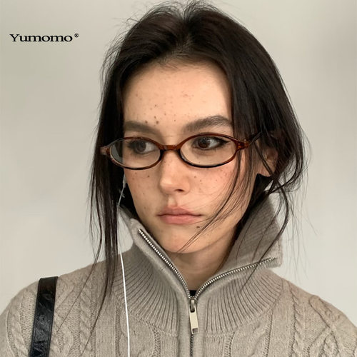 Yumomo复古深茶色椭圆斯文Y2K眼镜凹造型素颜神器平光镜初高中生