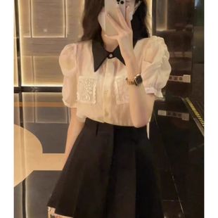 翻领 小香风雪纺衬衫 上衣高腰半身裙两件套装 女夏装 搭配一整套时尚