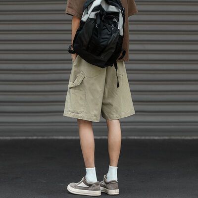 工装风纯棉拼接短裤男夏季大码直筒五分裤休闲裤