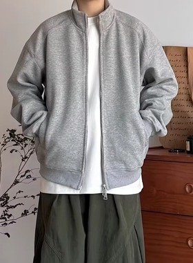 灰色简约立领夹克男运动男生2025新款冬季休闲宽松夹克毛呢外套