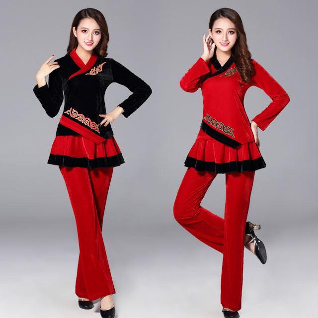 2020秋冬新款广场舞服装套装女金丝绒长袖演出表演舞蹈服裙子裤子