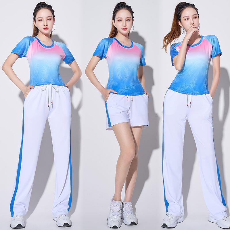 新款广场舞运动套装女速干渐变色跳舞衣服显瘦健身操健走队舞蹈服
