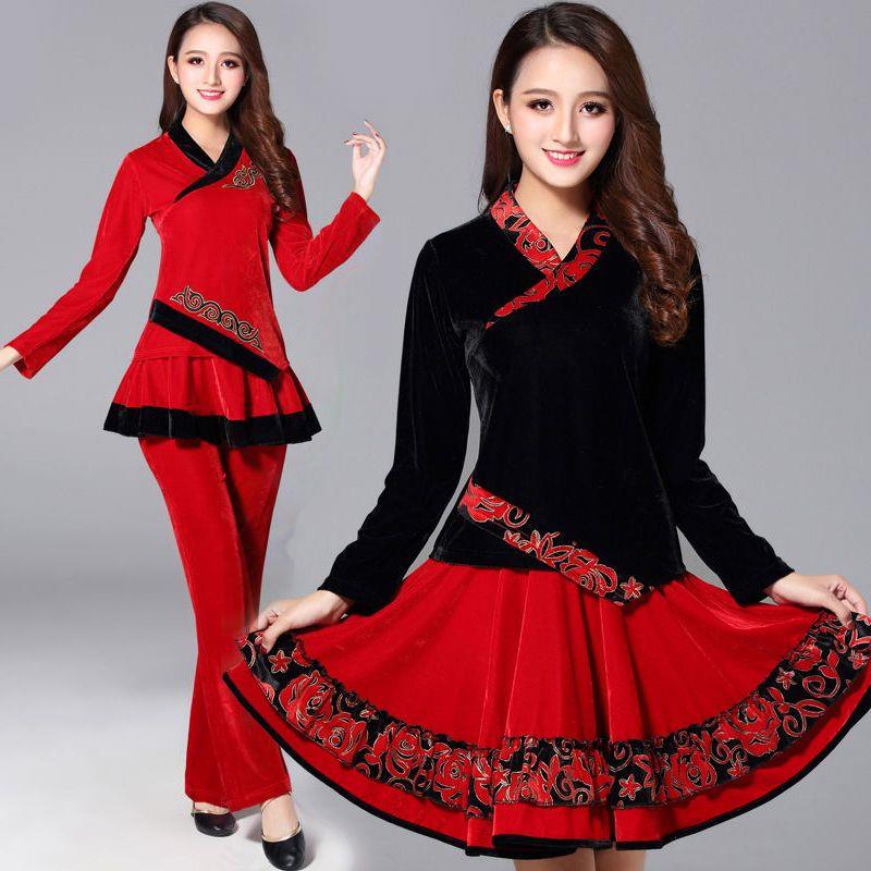 秋冬新款广场舞服装套装女金丝绒长袖演出表演舞蹈服裙子裤子