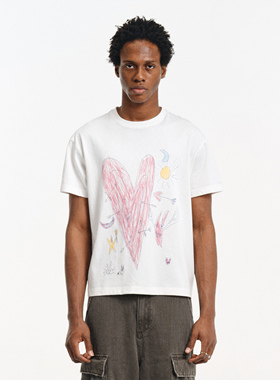 DIMC爱心涂鸦印花短袖T恤  25夏季新款白色圆领男女半袖