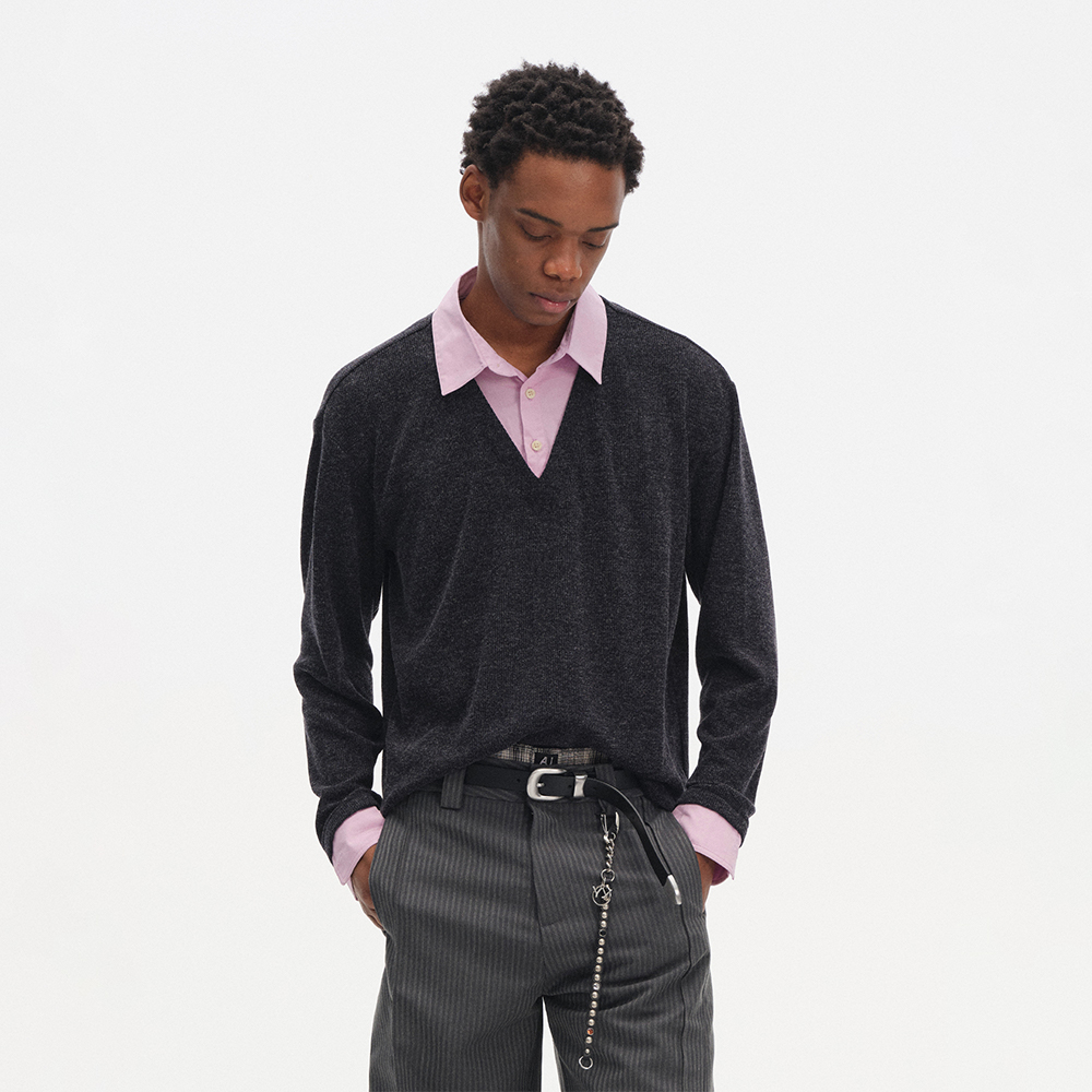 DIMC美式假两件拼色polo领针织长袖春秋季cleanfit内搭打底衫男女