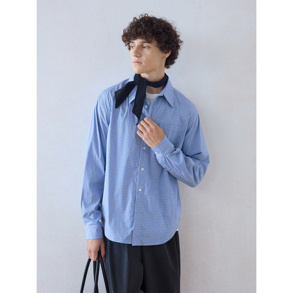 DIMC蓝色细格纹长袖衬衫老钱轻薄透气小格子衬衣