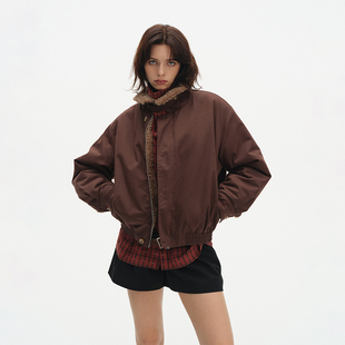 DIMC美式复古老钱毛绒内胆立领飞行员夹克boxy版型毛领夹克外套