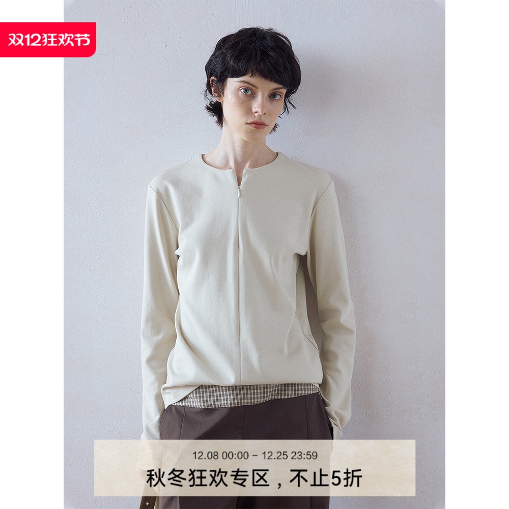 DIMC女装隐形半拉链基础圆领长袖T恤极简风修身通勤内搭叠穿上衣