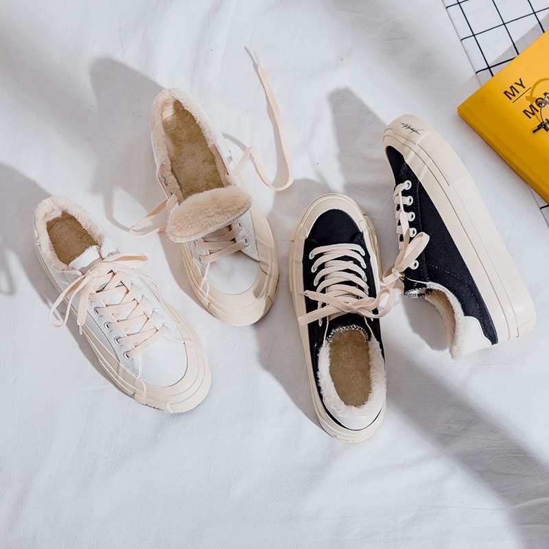 FCS小众设计加绒帆布鞋女2021款冬国潮低帮黑保暖二棉板鞋F6018M