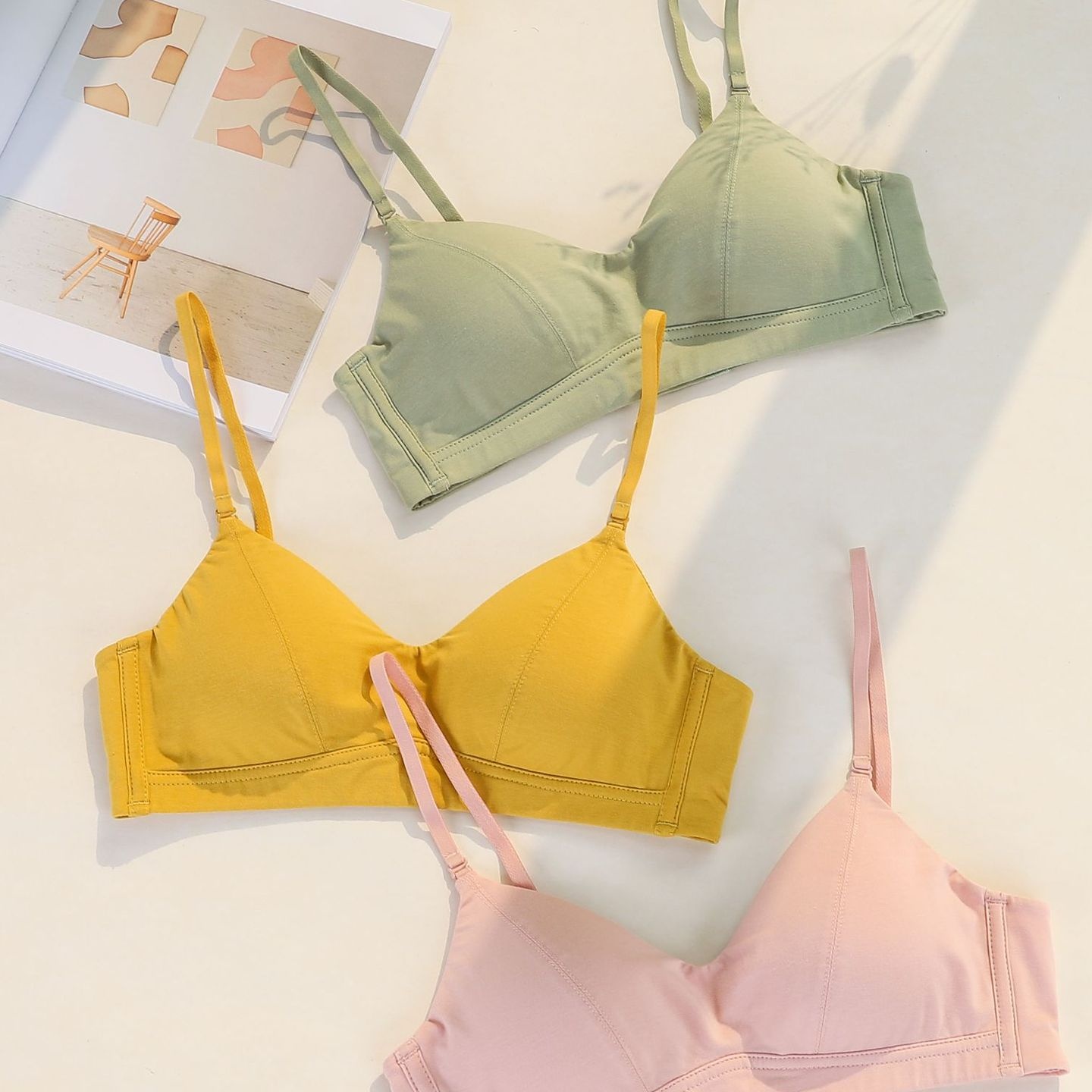 纯棉法式三角杯棉小胸内衣女无钢圈文胸薄款少女无磁扣1005带胸垫