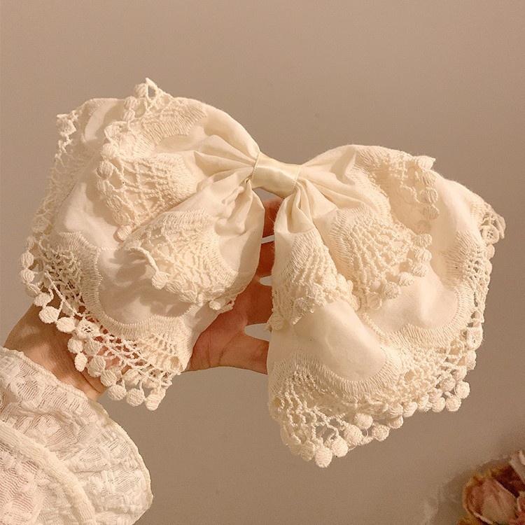韩系白色蕾丝蝴蝶结发夹少女夹子后脑勺半扎发弹簧夹复古发卡头饰