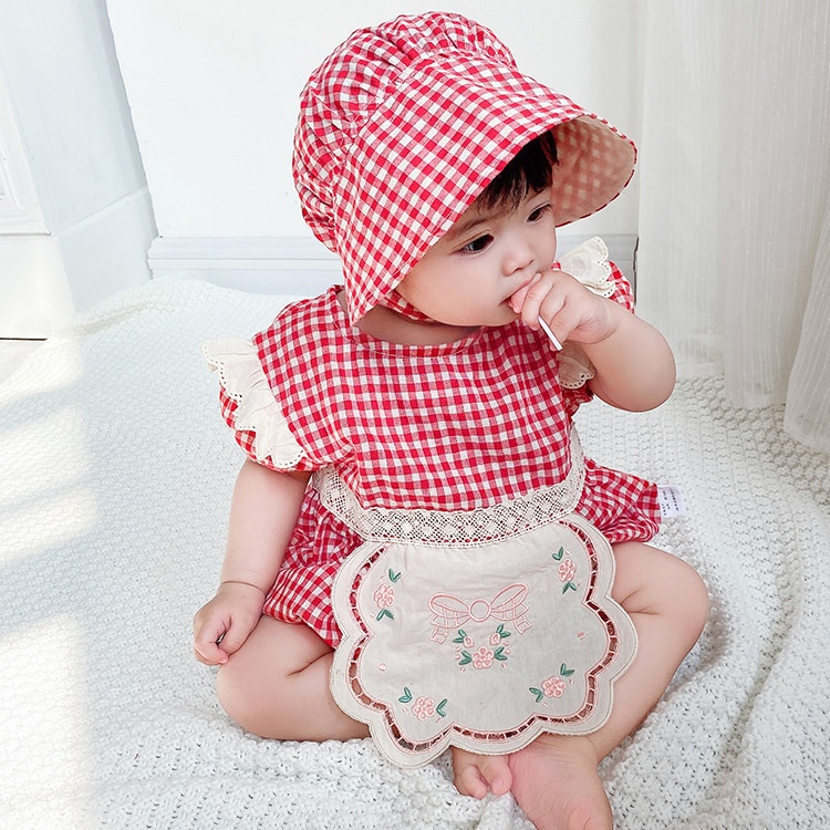 2025夏季新品格子带帽三角爬服新生儿女婴包屁衣清凉连体衣潮2227