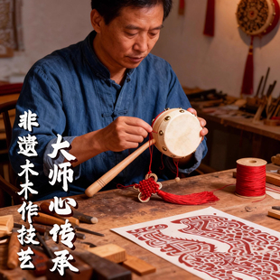 拨浪鼓和哗啦棒老式手工非遗羊皮牛皮新生婴儿可啃咬传统木质儿童